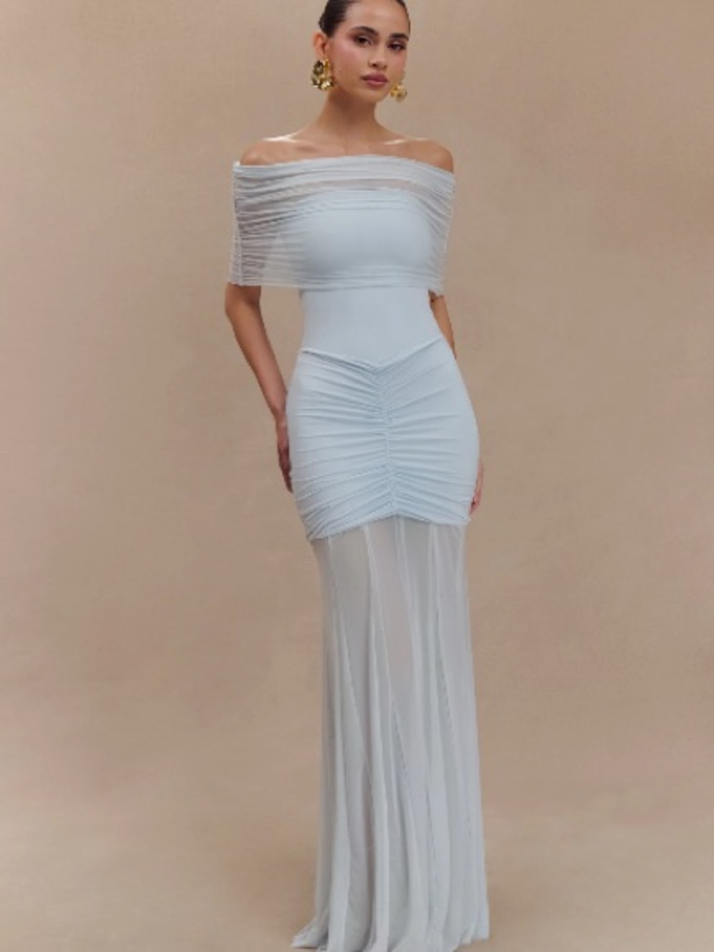 Meshki Off-Shoulder Sheer Overlay Maxi Dress in White